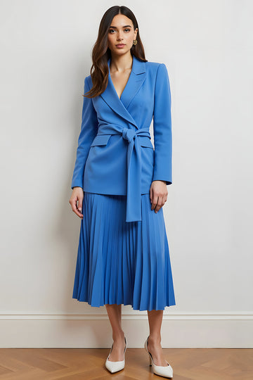 Blue Peak Lapel Plissé Une Ligne Femmes Costumes avec Ceinture